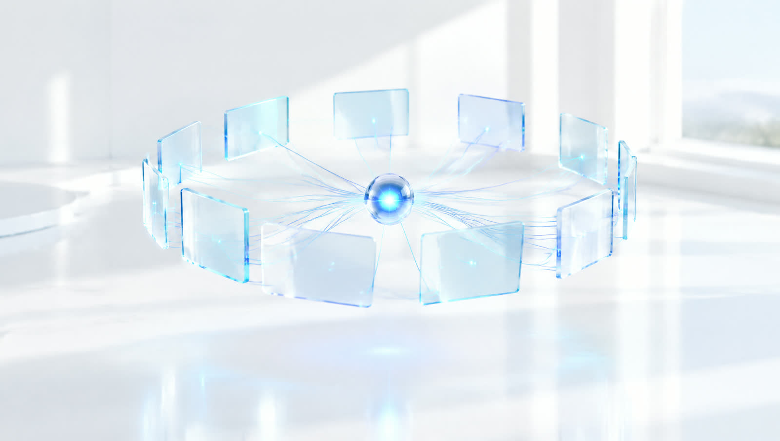 Connected glass panels orbiting a single core in a bright office