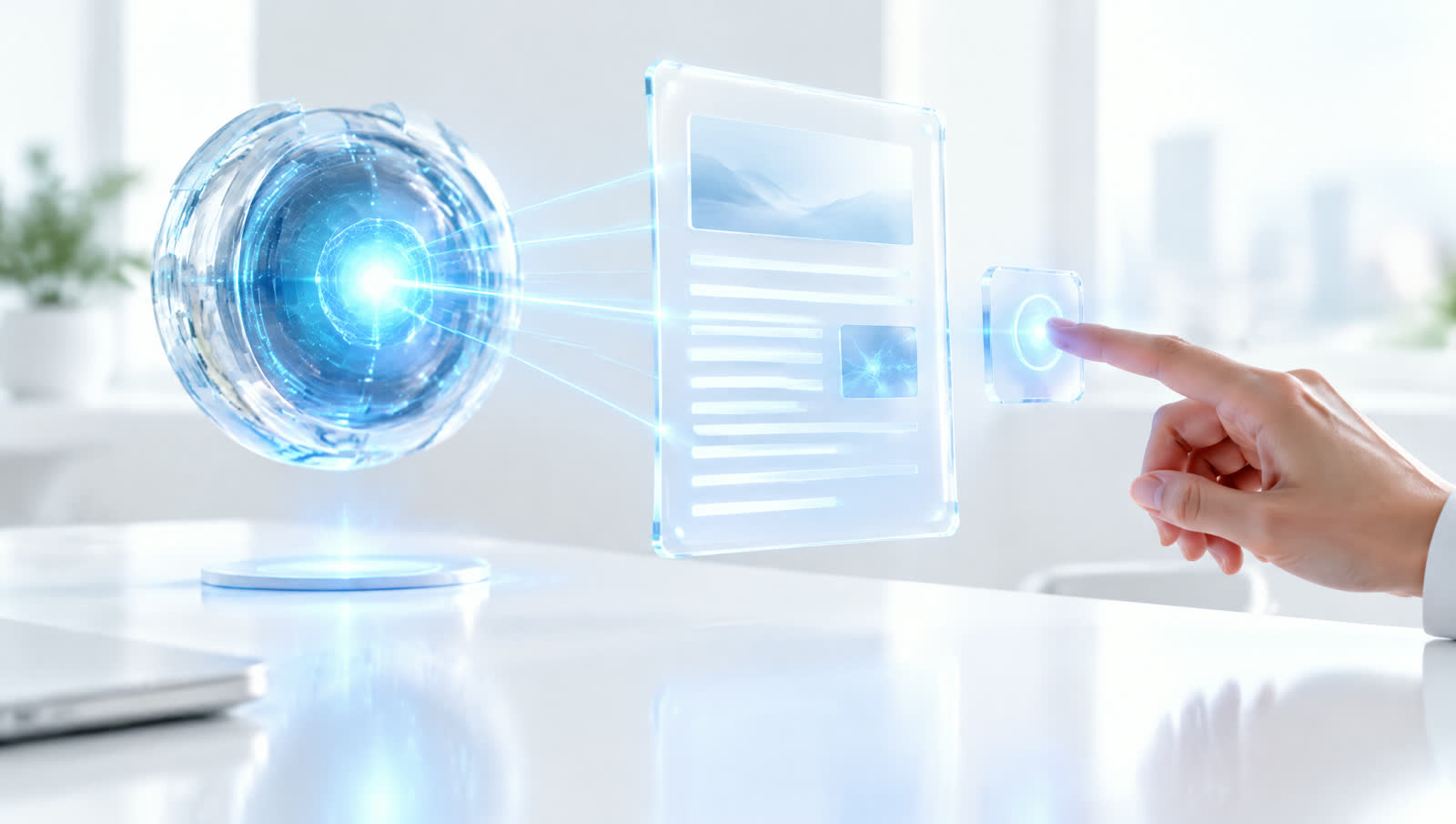 An AI core scanning a document while a person approves an action