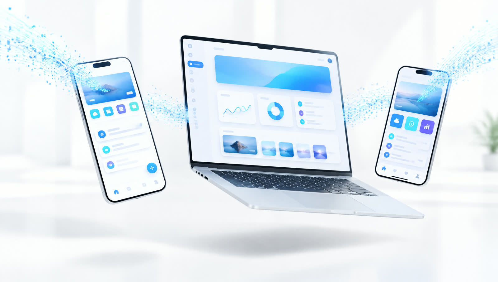Phones and a laptop showing app interfaces
