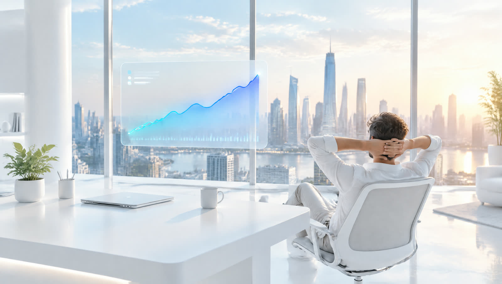 A dashboard floating in a bright office overlooking a city